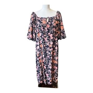 Old Navy Floral Smocked Midi Dress Balloon Sleeve Square Neck Navy Pink 2X